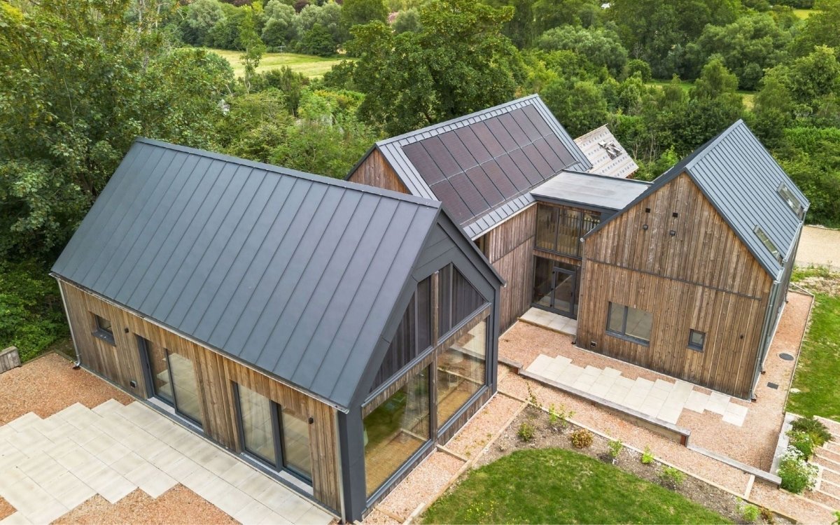 Aerial view of White Hill Barn passive house featuring iHelios infrared heating, solar PV and battery storage.
