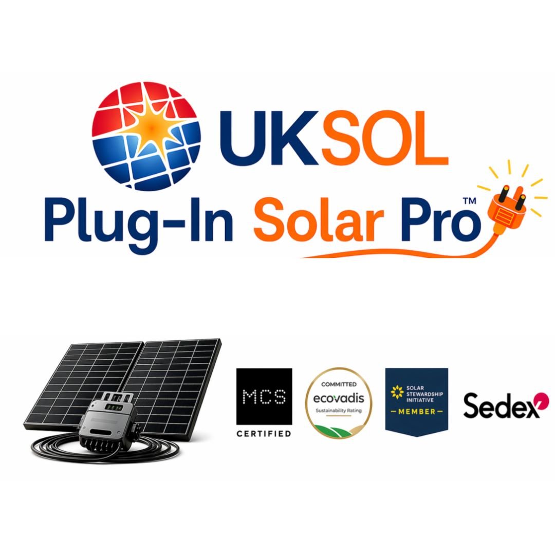 Collection of UKSOL Plug-In Solar Kits including 515W, 890W, 1030W and 1260W plug-and-play solar panel systems with smart microinverters.