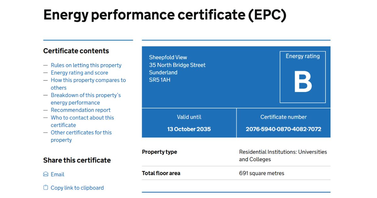 EPC certificate confirming a B energy rating for the 21-bedroom Sunderland infrared heating project.