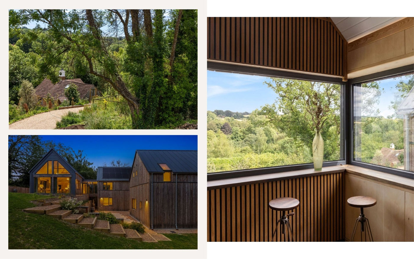 Contemporary White Hill Barn with timber cladding, triple glazing and low-energy construction.