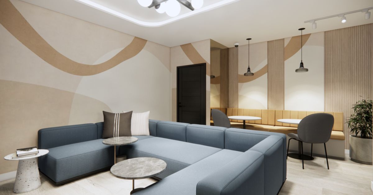 Living room in the Sunderland co-living development with smart room-by-room infrared heating control.